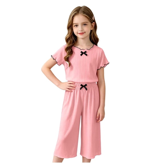 WRKEKC Girls 2 piece Outfits Solid Scalloped Bow Short Sleeve Round Neck Top and Wide Leg Long Pants Set for 0-11 Years