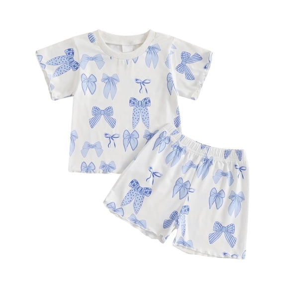 WRKEKC Girls 2 piece Outfits Summer Set Bowknot Print Short Sleeve Top Ruffle Shorts Casual Cute Style for Baby Girls 6 Months-3 Years