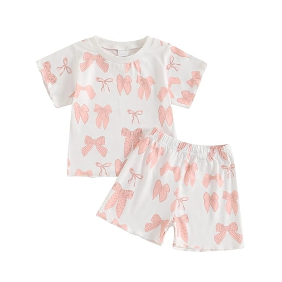 WRKEKC Girls 2 piece Outfits Summer Set Bowknot Print Short Sleeve Top Ruffle Shorts Casual Cute Style for Baby Girls 6 Months-3 Years