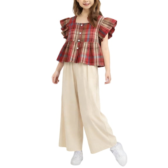 WRKEKC Girls 2 piece Outfits Summer Set Ruffle Sleeve Plaid Crop Top Solid Wide Leg Pants Casual Style for Girls 2-11 Years