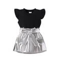 thumbnail image 1 of WRKEKC Girls 2 piece Outfits Summer Set Solid Color Ruffle Sleeve Ribbed Top & Metallic Mini Skirt with Bowknot for Girls 6 Months-3 Years, 1 of 9