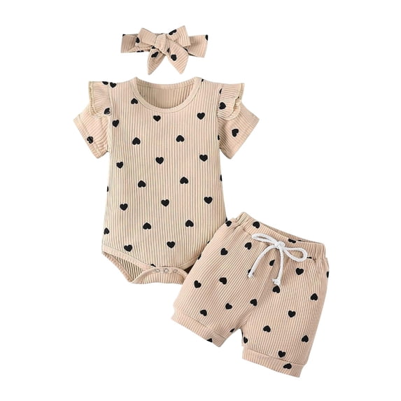 WRKEKC Girls 3-Piece Outfits Heart Print Ruffle Sleeve Ribbed Bodysuit Shorts Headband Set Soft Casual Style 0-24 Months