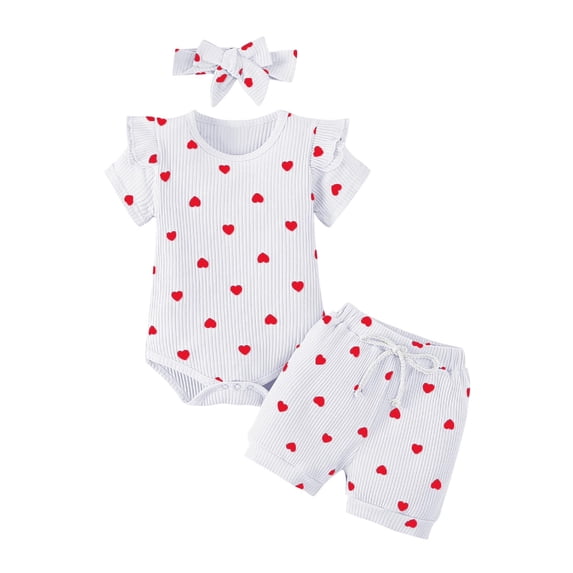 WRKEKC Girls 3-Piece Outfits Heart Print Ruffle Sleeve Ribbed Bodysuit Shorts Headband Set Soft Casual Style 0-24 Months