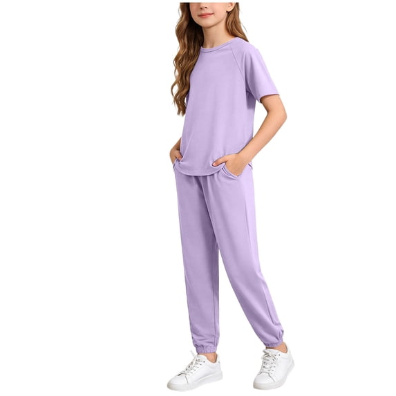 WRKEKC Girls Athletic Sets Solid Short Sleeve Round Neck Pullover Top and Elastic Waist Long Pants Set for 6-14 Years