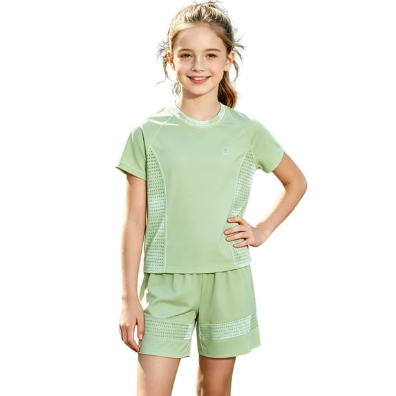 WRKEKC Girls Athletic Sets UPF50+ Sun Protective Quick Dry Short Sleeve Tee and Sport Shorts Set for 1-15 Years