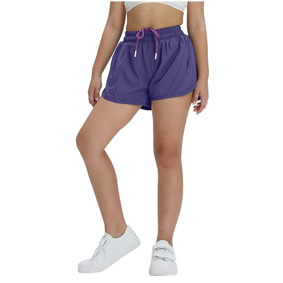 WRKEKC Girls Athletic Shorts Solid Color with Drawstring and Zipper Pockets Fake Two Piece Design for 4-13 Years