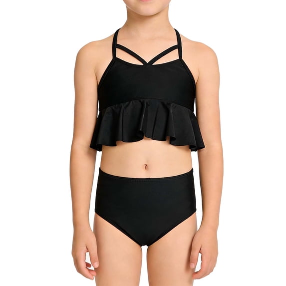 WRKEKC Girls Bikini Set 2 Piece Solid Color Nylon Halter Top and Bottom with Removable Pads 2-12 Years