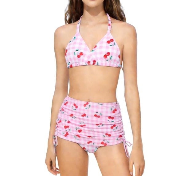 WRKEKC Girls Bikini Set 3 Piece Solid Color Halter Top and Bottom with Removable Pads Modest 5-13 Years