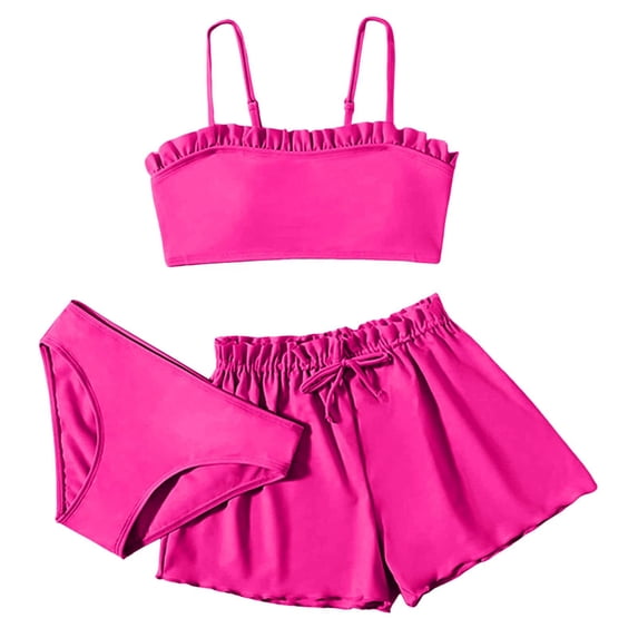 WRKEKC Girls Bikini Set 3 Piece Solid Color Ruffle Hem Top and Bottom with Sheer Cover Up Beach 8-16 Years