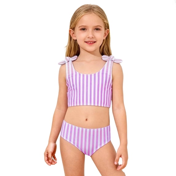 WRKEKC Girls Bikini Sets Stripe Print Bow Shoulder Strap Two Piece Bathing Suit 4-8 Years