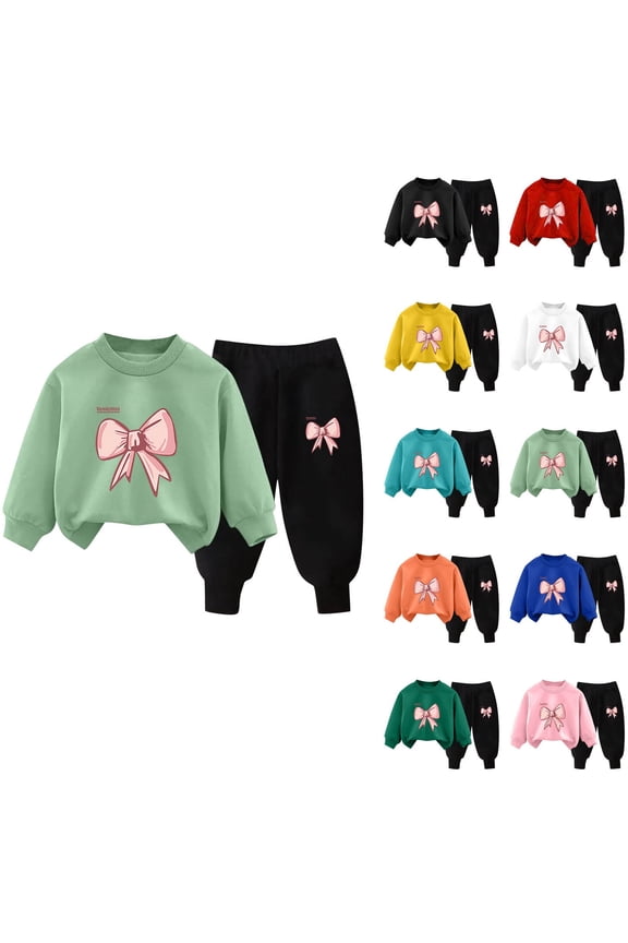 Girls Bow Print Sweatshirt Set 2 to 7 Years Crew Neck Long Sleeve Top and Jogger Pants Colorful Ribbed Cuffs Spring Fall Outfits