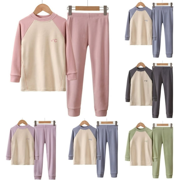 WRKEKC Girls Boys Thermal Underwear Set 2-12 Years Raglan Sleeve Solid Color Fleece Lined Crew Neck Top and Pants Two Piece Warm Winter Outfit