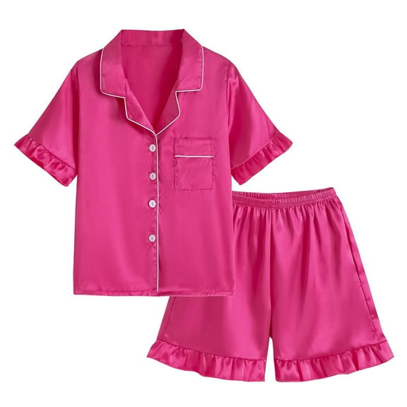 WRKEKC Girls Boys Winter Pajamas Solid Color Short Sleeve Button Down Top and Shorts 2 Piece Loungewear Sleepwear Set for Kids 3 - 13 Years