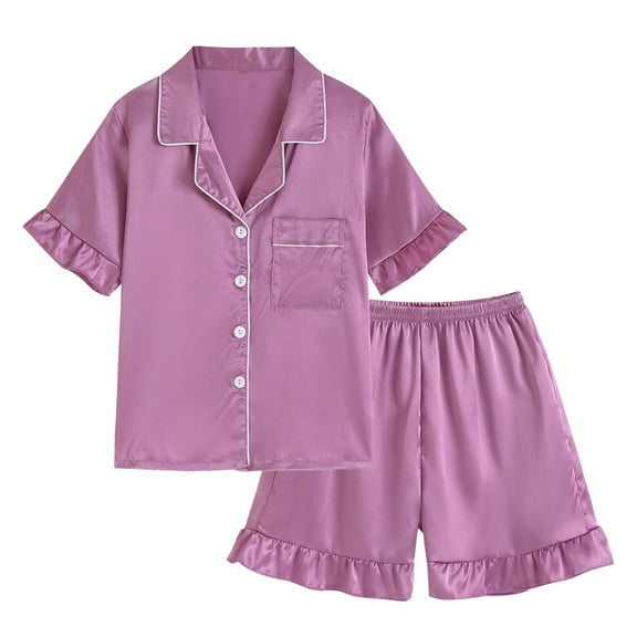 WRKEKC Girls Boys Winter Pajamas Solid Color Short Sleeve Button Down Top and Shorts 2 Piece Loungewear Sleepwear Set for Kids 3 - 13 Years