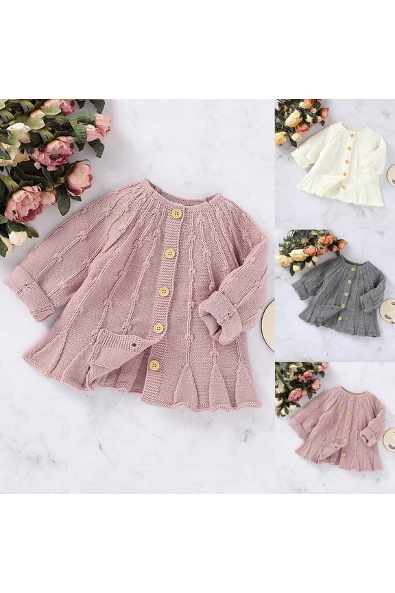 Girls Cardigan Crewneck Soft Thickened Cable Knit Long Sleeve Solid Color Button Front Sweater with Ruffled Hem Feminine Matching for 3-24 Months Girls Fall Winter