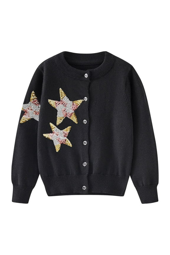 Girls Cardigan Kids Casual Star Sequin Embellished Button Front Crew Neck Knit Jacket Long Sleeve Soft Comfortable Casual Outerwear Coat for 2 - 12 Years