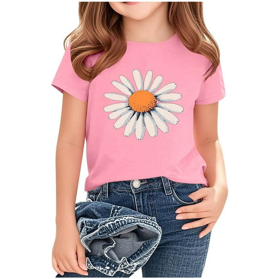 WRKEKC Girls Casual T-Shirts, Summer Tops for Girls, Girls' Summer Casual Round Neck Comfortable Daisy Print Short Sleeve T-Shirts