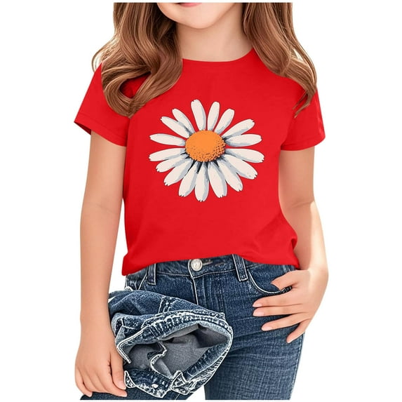 WRKEKC Girls Casual T-Shirts, Summer Tops for Girls, Girls' Summer Casual Round Neck Comfortable Daisy Print Short Sleeve T-Shirts
