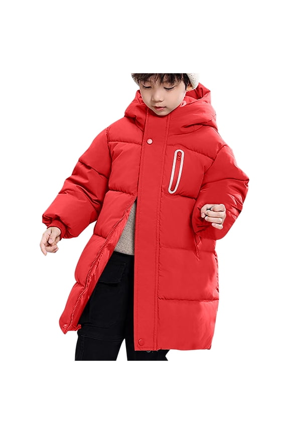 Girls Down Jacket Kids Hooded Winter Coat with Reflective Zip Up Thickened Knee Length Windproof Water Resistant Outerwear for 4-14 Years