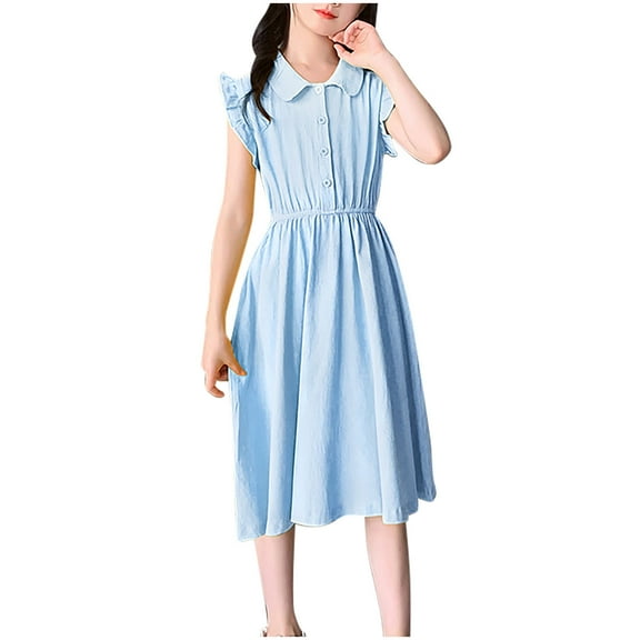 WRKEKC Girls Dresses Tween Solid Color Flutter Sleeve Collared Dress with Elastic Waist Button Front Midi Length for 8-15 Years Kids