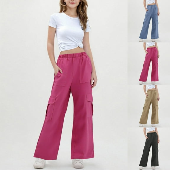 WRKEKC Girls Fall Casual Cargo Pants Large-Flap Pockets Wide-Leg Elastic-Waist Lightweight Breathable Drying Comfy Outdoor Pants for Girls 8-12 Years