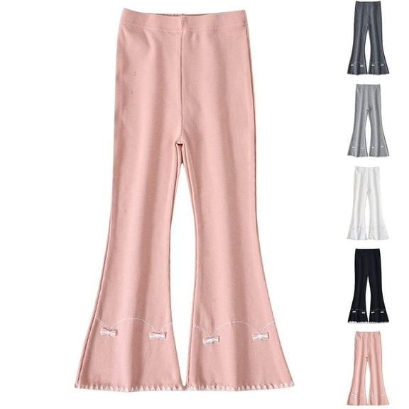 WRKEKC Girls Flare Leggings Pants Bow-Accented Slight-Flare Cuffed Hem Fleece-Lined Elastic Waist Thickened Warm Stretchy Comfy Fall Winter Pants for 1-14 Years