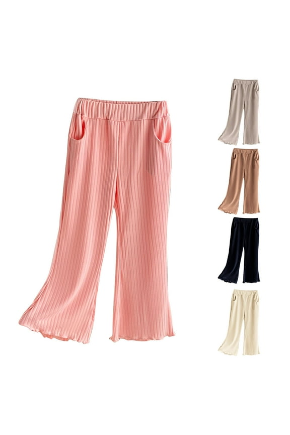 Girls Flare Pants Ice Silk Rib Knit Flare Leg Lightweight Breathable Soft Stretchy Comfy Everyday Casual Pants for Girls 1-10 Years Spring Summer Wear