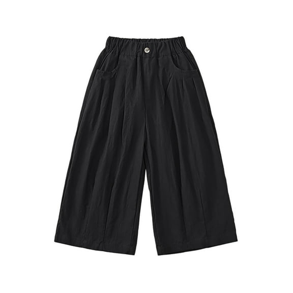 WRKEKC Girls Flare Pants Solid Color Casual Loose Fit Mid Rise Decorative Button Wide Leg Long Pants for Children 3-14 Years Comfortable Wear