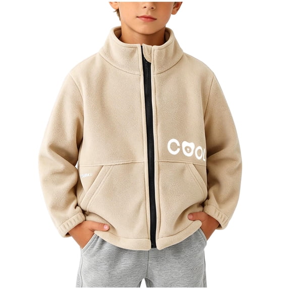 WRKEKC Girls Fleece Jacket Solid Stand Collar Letter Print Full Zip Dual Pocket Soft Fleece Long Sleeve Layering Outer Shirts for 2-14 Years