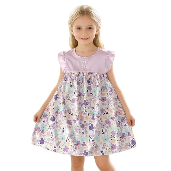 WRKEKC Girls Floral Dress Short Sleeve Round Neck Colorful Flower Patchwork Ruffled Sleeve Summer Dress for 6 Months-10 Years