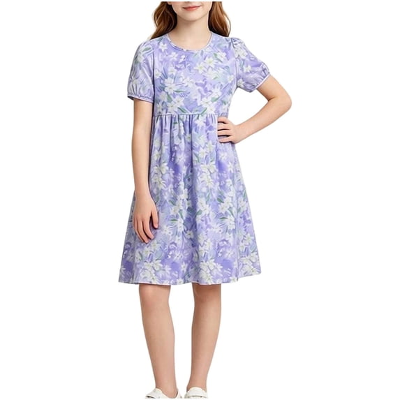 WRKEKC Girls Floral Dress Short Sleeve Soft Cotton Floral Print Puff Sleeve Casual Princess Dress for 5-15 Years