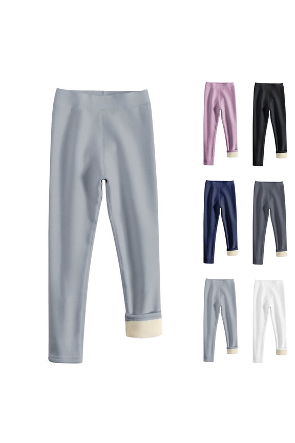 Girls Leggings Solid Color Fleece-Lined Cuffed Hem Elastic Waist Thickened Warm Stretchy Comfy Fall Winter Pants for 1-11 Years