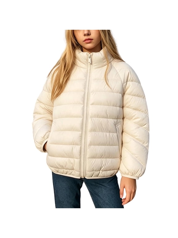 Girls Lightweight Puffer Jacket Long Sleeve Stand Collar Quilted Short Coat Solid Color Zip Up Thin Warm Winter Outerwear for 1-12 Years