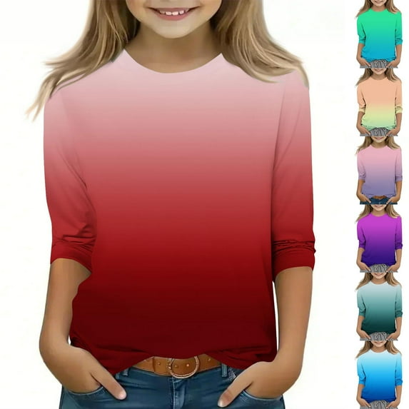 WRKEKC Girls Long Sleeve Shirts, Boys Long Sleeve Shirts, Boys' and Girls' Trendy Gradient Print 3/4 Sleeve Round Neck Tops
