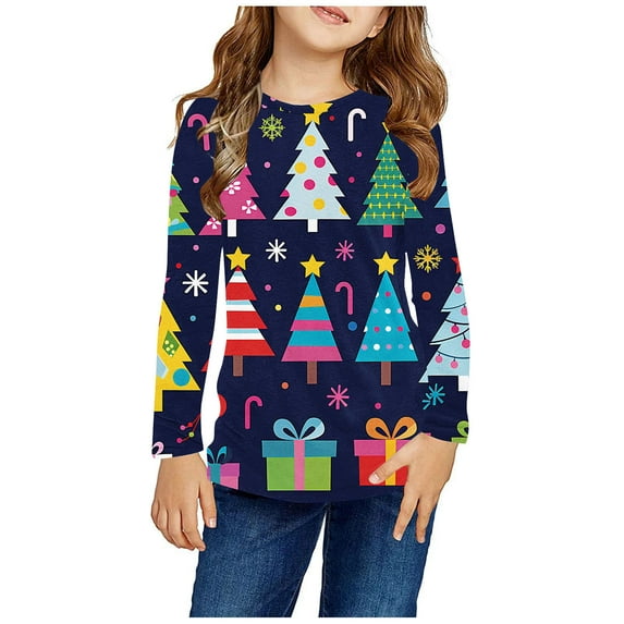 WRKEKC Girls Long Sleeve Shirts, Girls' Long Sleeve Tees, Boys and Girls 3-14 Years Long Sleeve Shirts Sport Print Pullover Basic T-Shirts