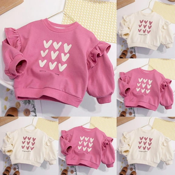 WRKEKC Girls Long Sleeve Shirts, Girls' Long Sleeve Tees, Girls' 3-12 Years Trendy Heart Print Lace Ruffle Long Sleeve Round Neck Tops