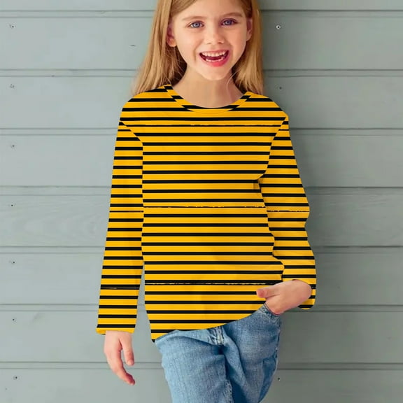 WRKEKC Girls Long Sleeve Shirts, Girls' Long Sleeve Tees, Girls' Fall Casual Long Sleeve Striped Print Cute Crew Neck Long Sleeve Blouses T-Shirt