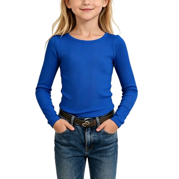 WRKEKC Girls Long Sleeve Shirts Solid Color Ribbed Round Neck Slim Fit Stretch Top Casual Fall Winter for 5-13 Years