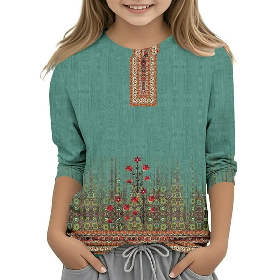 WRKEKC Girls Long Sleeve T-Shirts, Boys Long Sleeve Shirts, Boys and Girls Fall Casual Striped Print 3/4 Sleeve Lightweight Round Neck Pullover Basic Shirt