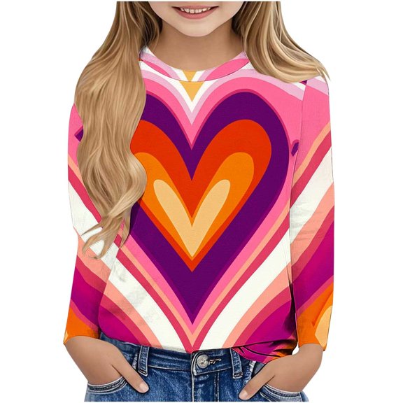 WRKEKC Girls Long Sleeve T-Shirts, Long Sleeve Shirts for Girls, Boys' and Girls' Trendy Heart Print Long Sleeve Pullover Basic Long Sleeve Round Neck Tops