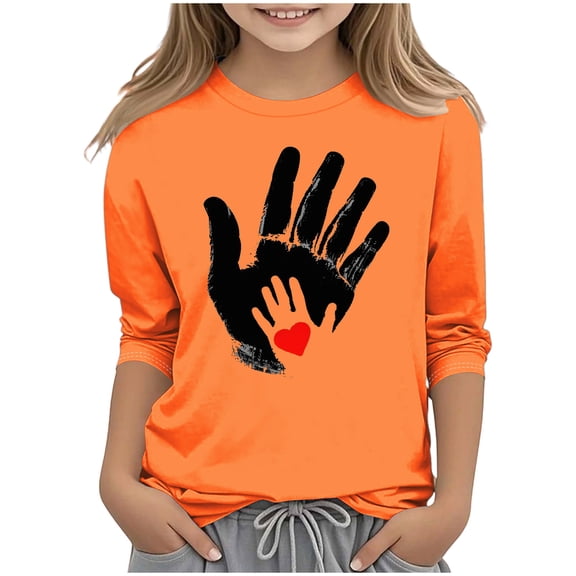WRKEKC Girls Long Sleeve T-Shirts, Long Sleeve Shirts for Boys, 3-12 Years Boys' and Girls' Orange Festival Casual Print 3/4 Sleeve Round Neck Top