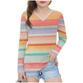 thumbnail image 1 of WRKEKC Girls Long Sleeve Tees Casual Eye-Catching Fashion Striped Print V Neck Soft Stretchy Comfortable Slim Fit Blouses for Spring Summer 3-14 Years, 1 of 8