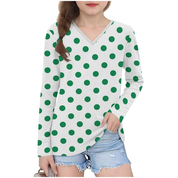 WRKEKC Girls Long Sleeve Tees Casual Playful Trendy Polka Dot Print V Neck Soft Stretchy Comfortable Slim Fit Blouses for Spring Fall 3-14 Years