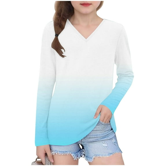 WRKEKC Girls Long Sleeve Tees Casual Stylish Gradient Gradient Color Print V Neck Soft Stretchy Comfortable Slim Fit Blouses for Spring Fall 3-14 Years