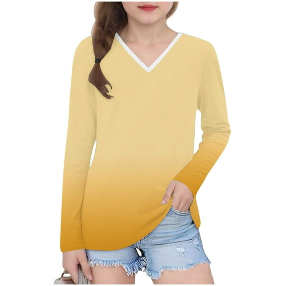 WRKEKC Girls Long Sleeve Tees Casual Stylish Gradient Gradient Color Print V Neck Soft Stretchy Comfortable Slim Fit Blouses for Spring Fall 3-14 Years