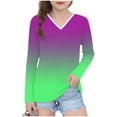thumbnail image 1 of WRKEKC Girls Long Sleeve Tees Casual Trendy Gradient Gradient Color Print V Neck Soft Cozy Stretchy Comfortable Slim Fit Blouses for Spring Fall 3-14 Years, 1 of 8