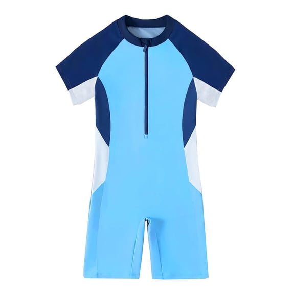 WRKEKC Girls One Piece Swimsuit Color Block Short Sleeve Zip Sporty Swimwear Sun Protection 3-16 Years