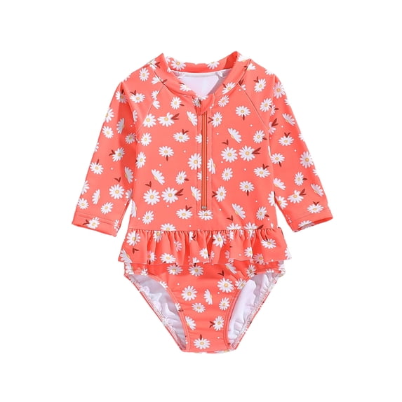 WRKEKC Girls One Piece Swimsuit Floral Print Long Sleeve Sun Protective Swimwear Quick Dry UPF 50+ 2-6 Years