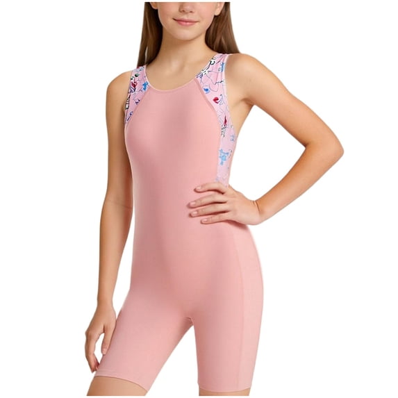 WRKEKC Girls One Piece Swimsuit Printed Sleeveless Crew Neck with Boyleg Briefs Sun Protection 5-15 Years