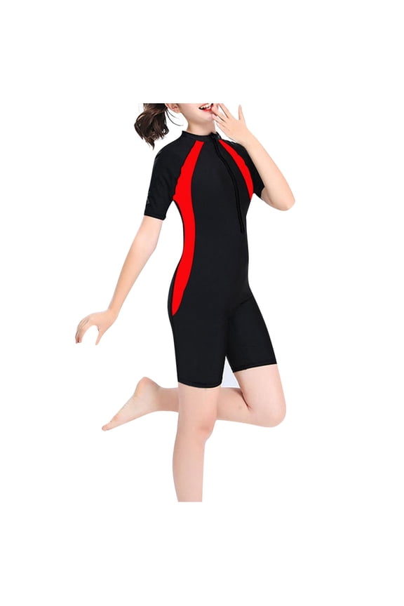 Girls One Piece Swimsuit Solid Color Short Sleeve Zip Front Quick Dry Training Swimsuit 7-15 Years